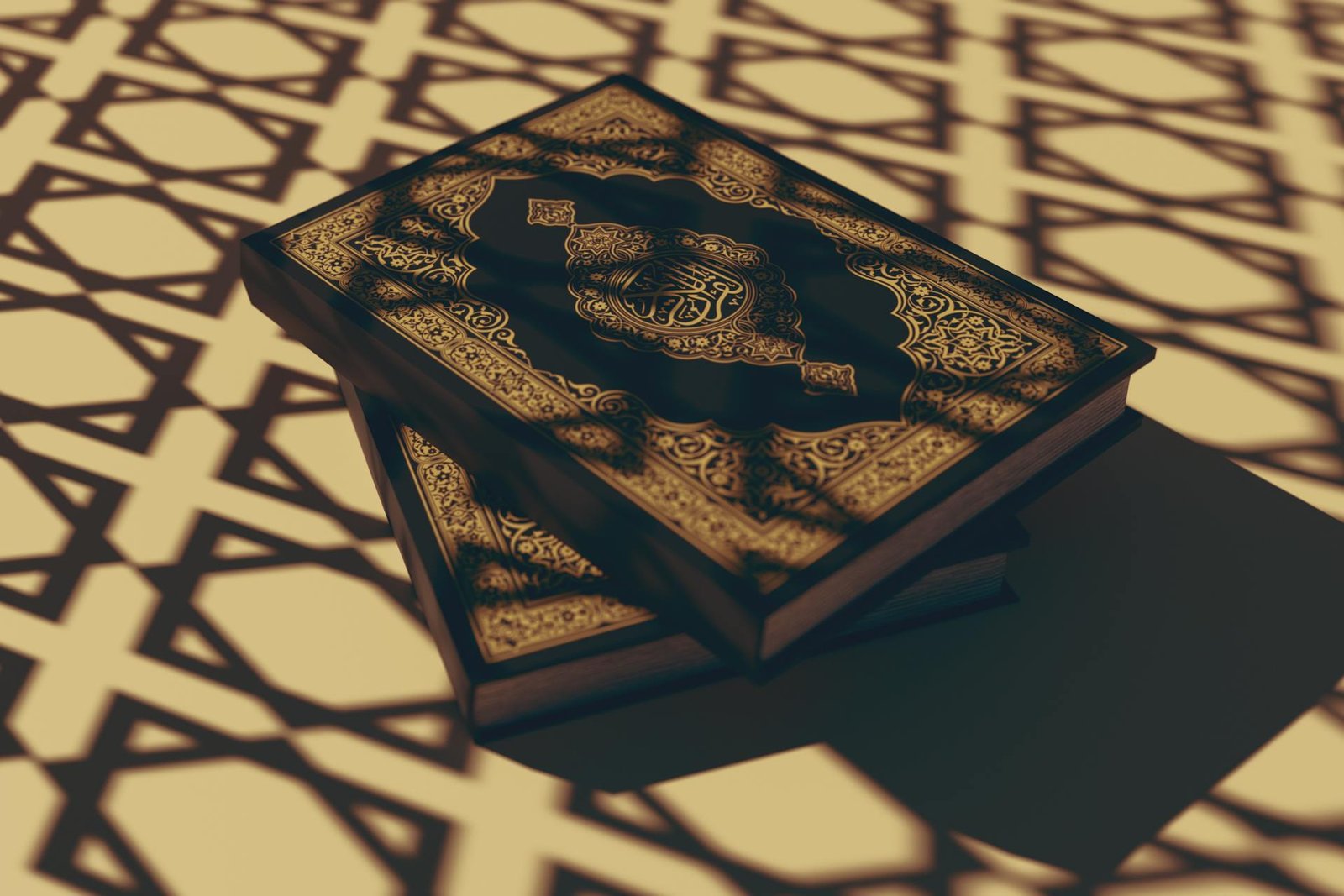 A closed Quran illuminated by light through a window